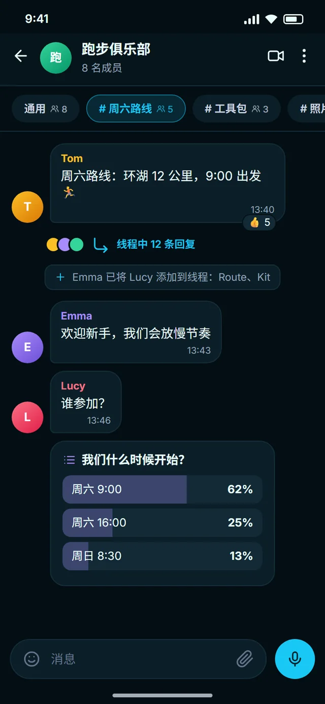 每个话题都有独立线程